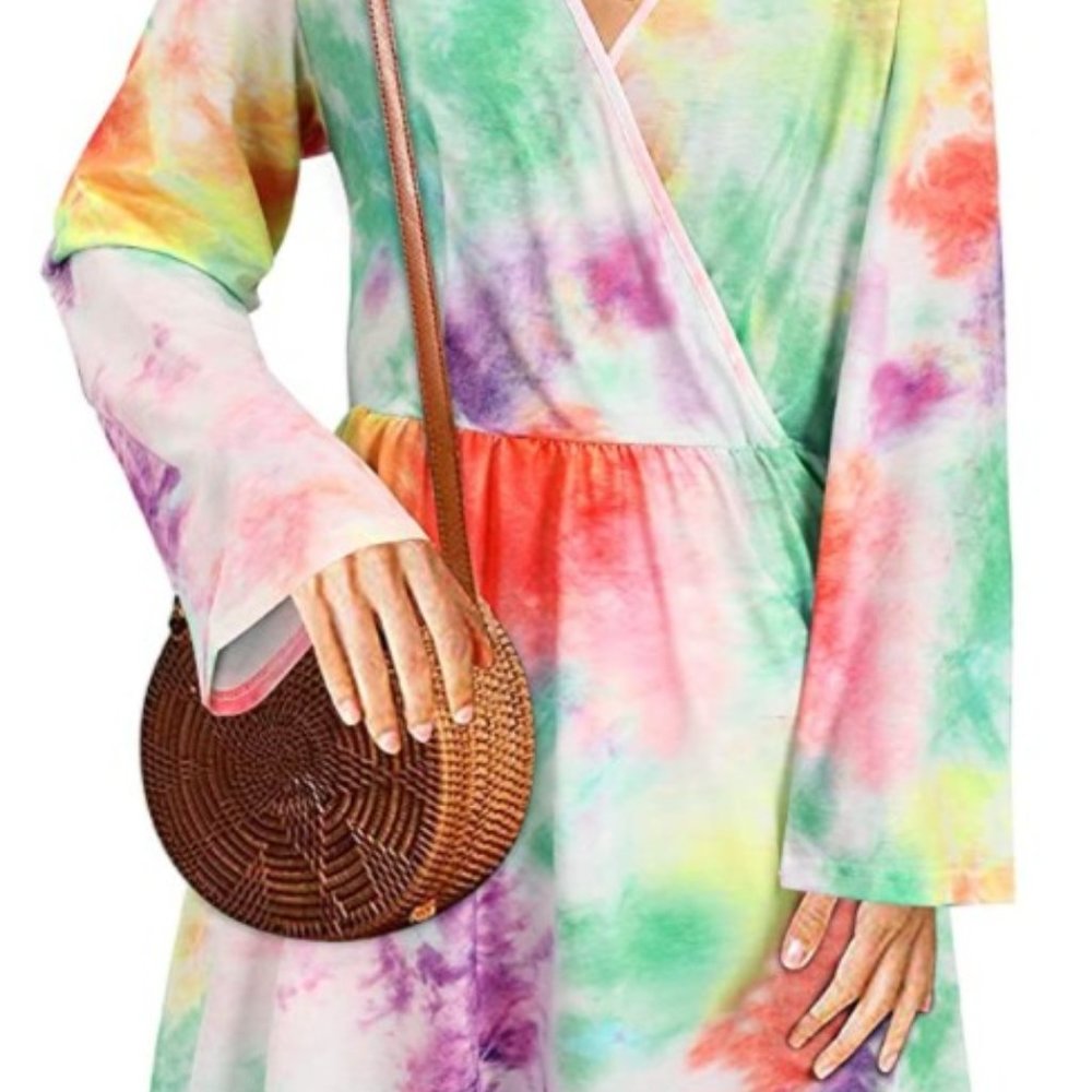Women's V Neck Long Puff Sleeve Casual Swing Midi